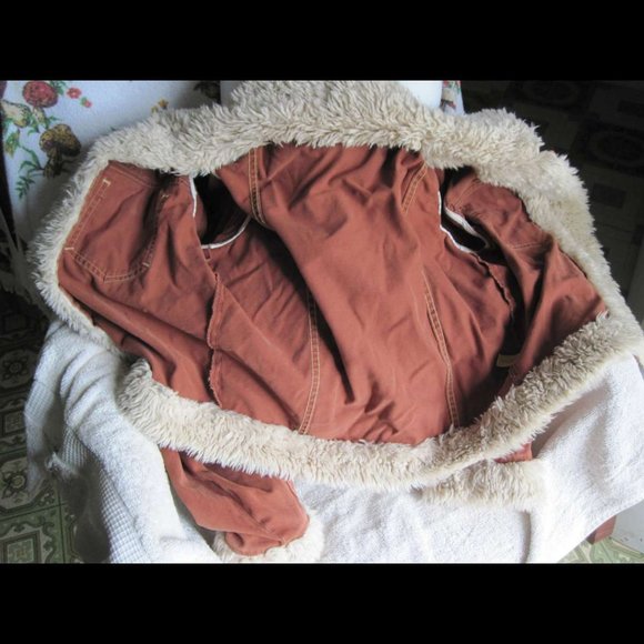 TwillTwentyTwo Fur Trim Rust Orange Button Jacket - Picture 12 of 12